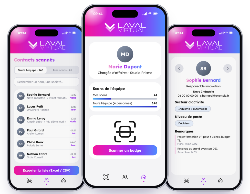 Application exposants Laval Virtual : scan de badges, contacts de l’équipe, fiche contact